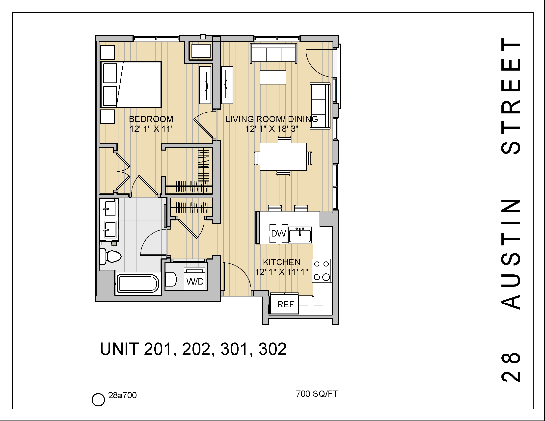 Floor plan for 1 bed, 1 bath, 700 sqft
